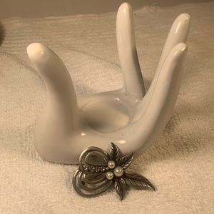 Vintage Pewter Pearls and Rhinestones Abstract Floral Brooch Pin